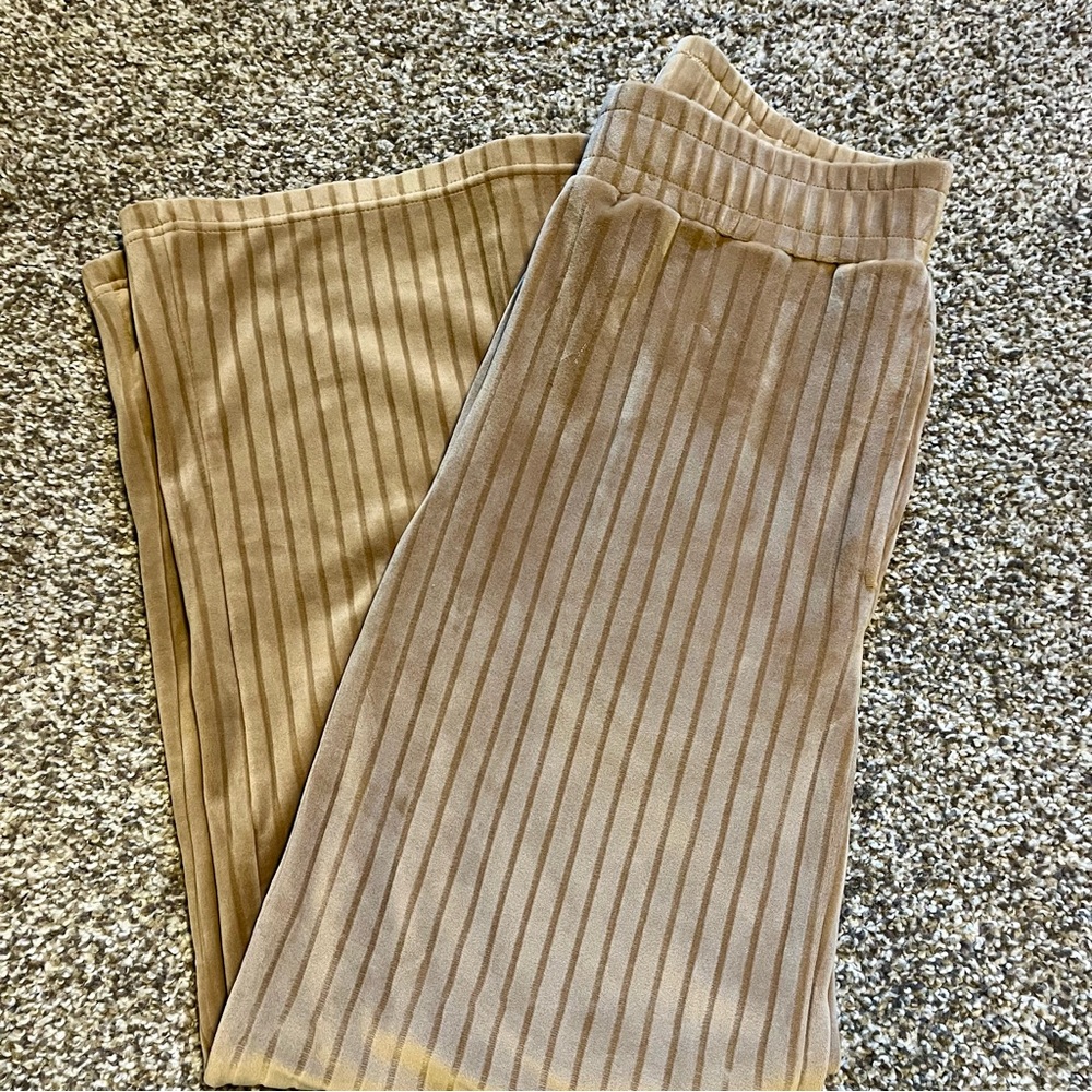 Sacre Solei Tan Ribbed Velour Wide-Leg Pants